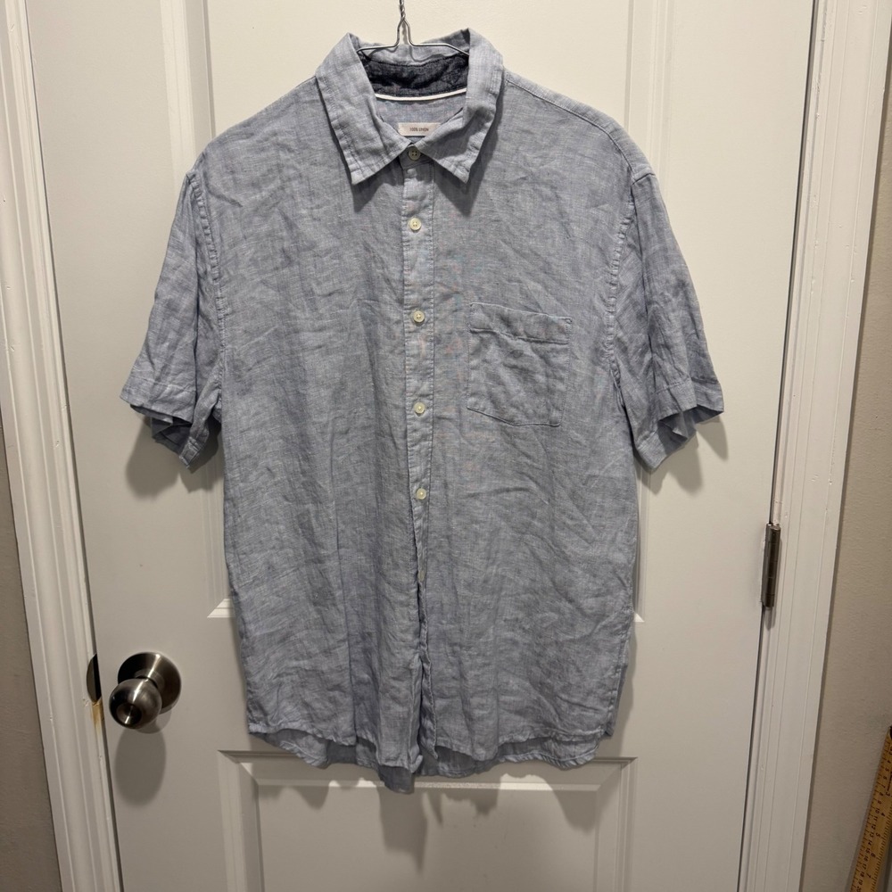 Panama Jack Mens Short Sleeve Shirt 100% Linen Light Blue Size L